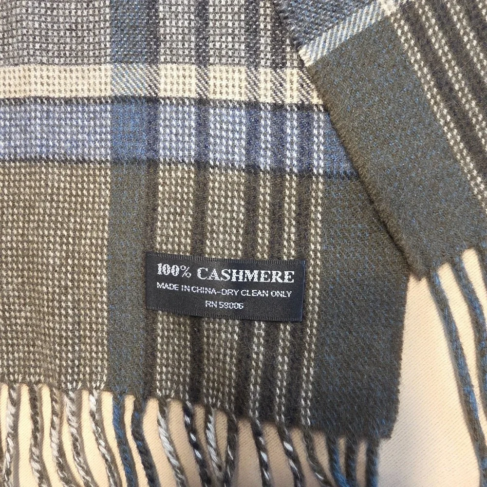 Unbranded 100% Cashmere Scarf Plaid Blue Gray Green‎ Tartan Fringe 57